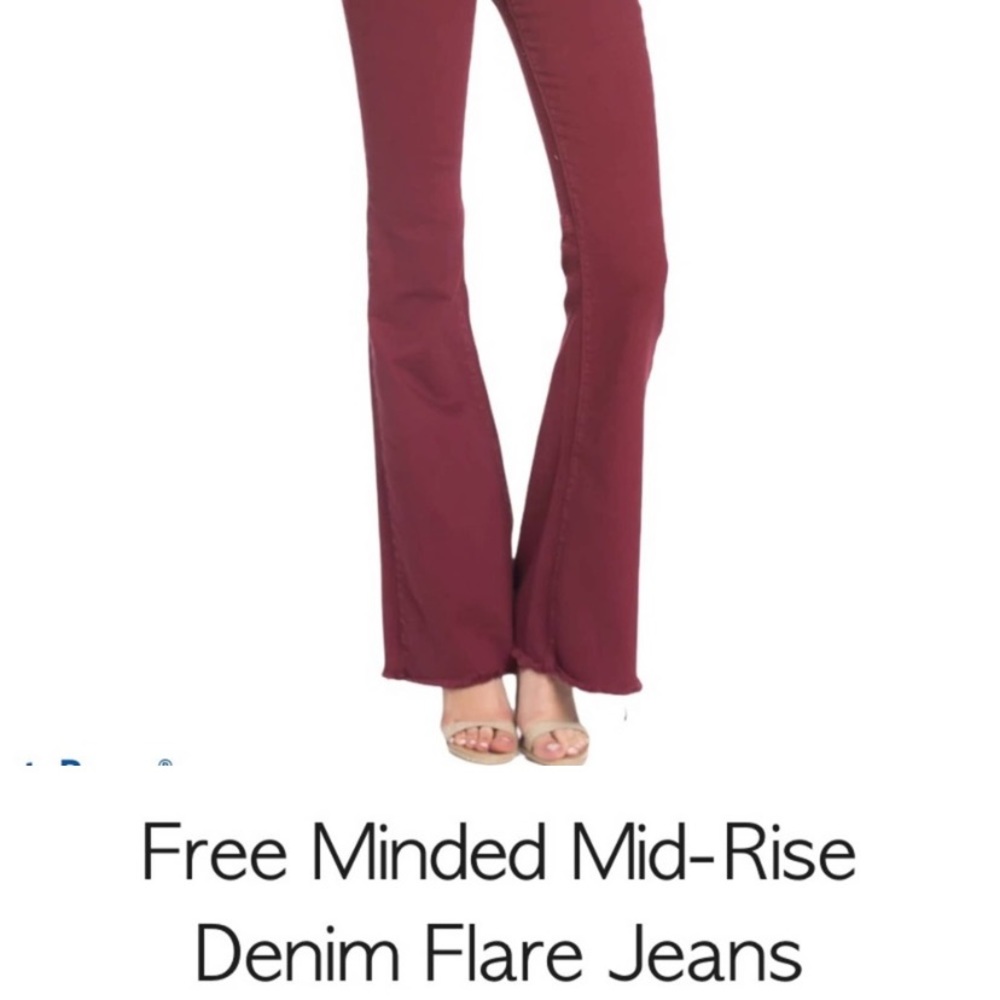 O2 Denim Free Minded mid-rise flare, belt loops, raw hem, wine, 29